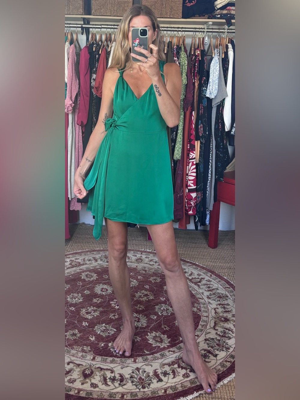 NWT Ramy Brook Emerald Jade Green Satin Charmeuse Mini Knot Detail Wrap Dress - Picture 3 of 15